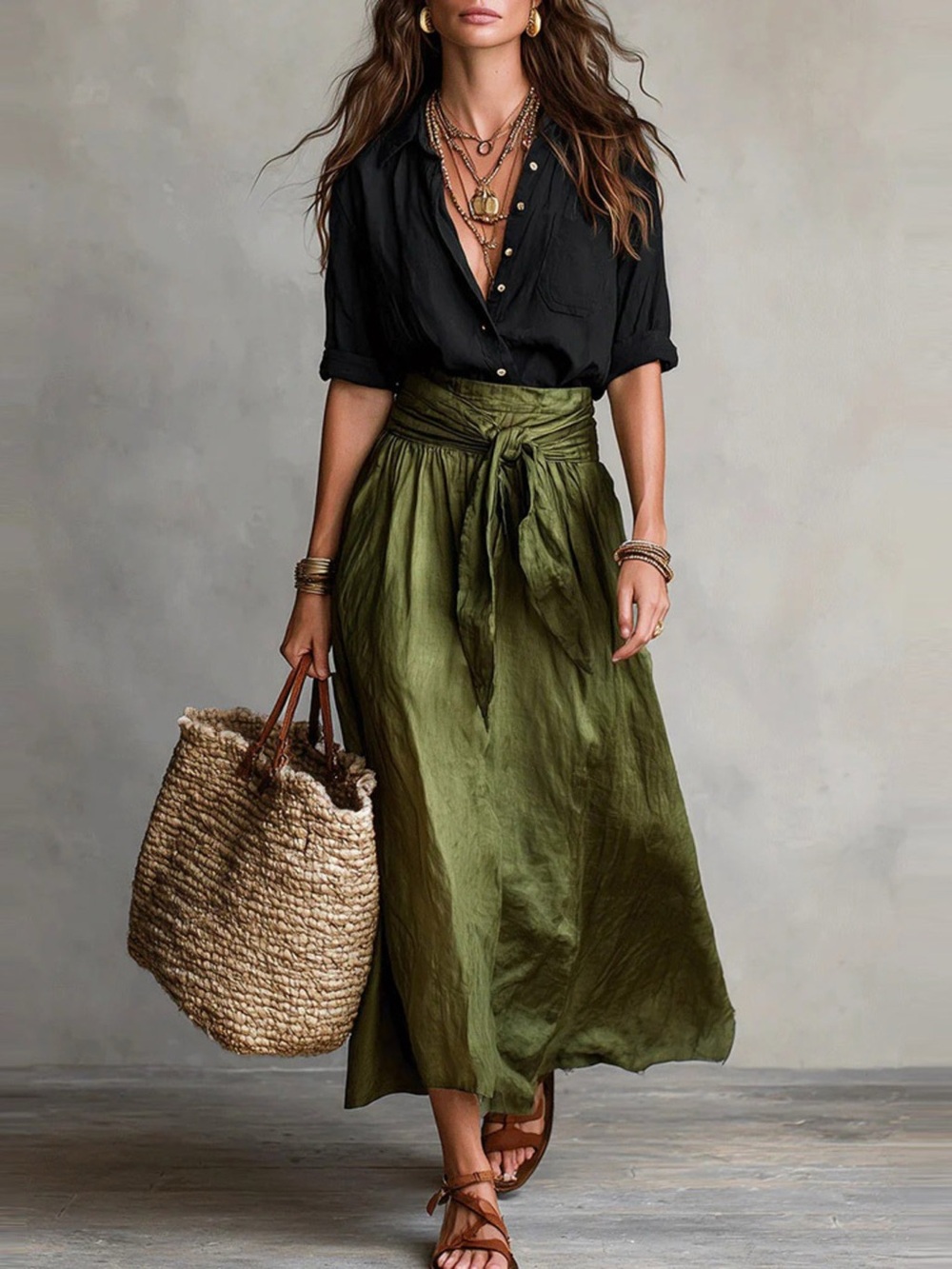 Button-Down Shirt and High-Waisted Tie-Front Maxi Skirt Set